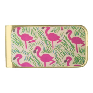 Pink Flamingos Tropical Pattern Gold Finish Money Clip
