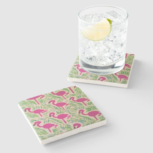 Pink Flamingos Tropical Pattern Stone Coaster (Side)