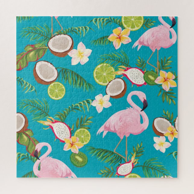Pink Flamingos: Tropical Seamless Pattern Jigsaw Puzzle (Vertical)