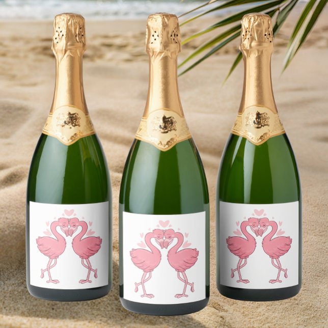 Pink Flamingos Tropical Summer Beach Wedding Sparkling Wine Label (Creator Uploaded)