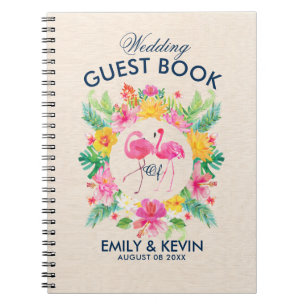 Pink Flamingos Tropical Wreath Wedding Guestbook Notebook