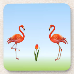 Pink Flamingos & Tulip Flower on Light Blue Beverage Coaster
