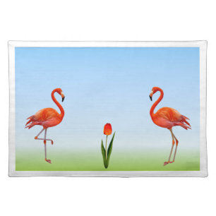 Pink Flamingos & Tulip Flower on Light Blue Cloth Placemat
