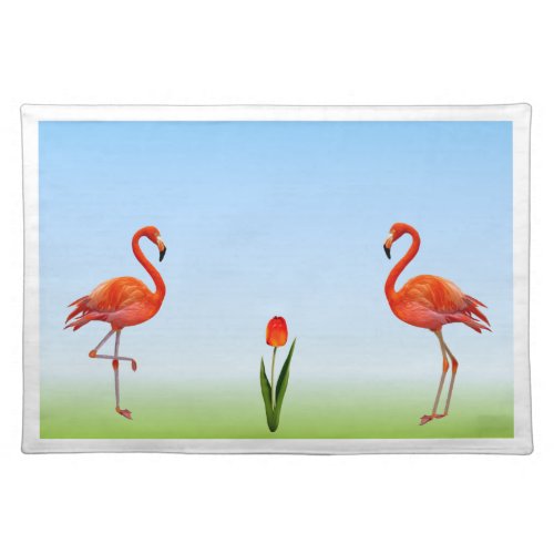 Pink Flamingos  Tulip Flower on Light Blue Cloth Placemat