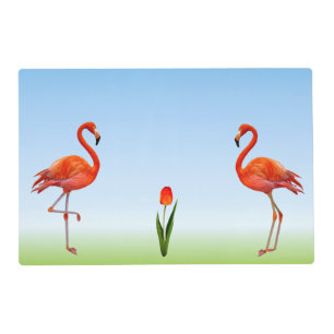 Pink Flamingos & Tulip Flower on Light Blue Placemat