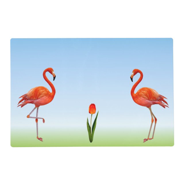 Pink Flamingos & Tulip Flower on Light Blue Placemat (Front)