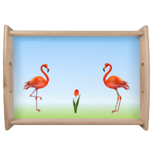 Pink Flamingos & Tulip Flower on Light Blue Serving Tray