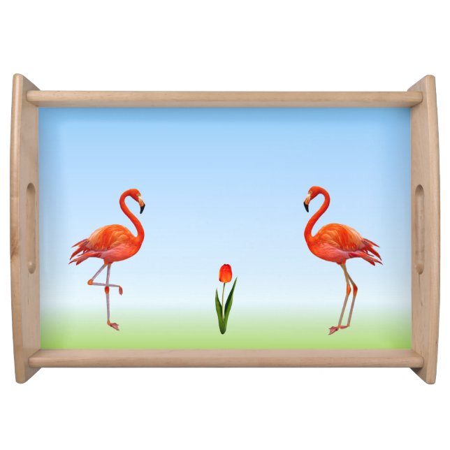 Pink Flamingos & Tulip Flower on Light Blue Serving Tray (Front)