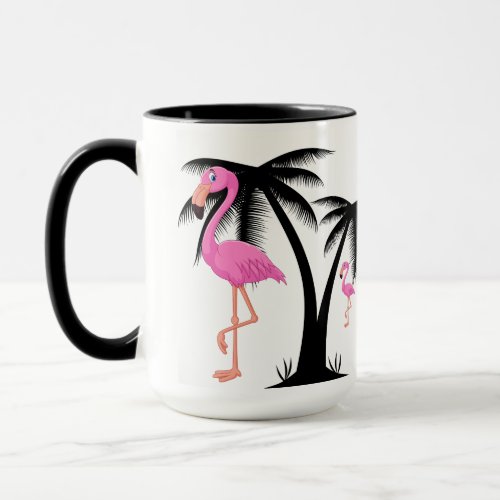 Pink Flamingos Walking by Black Palm Trees Mug