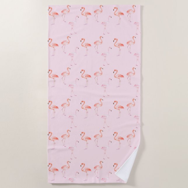 Pink Flamingos Watercolor Beach Towel (Front)