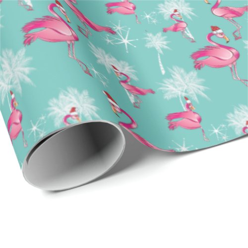 Pink Flamingos White Palm Trees Christmas Wrapping Paper