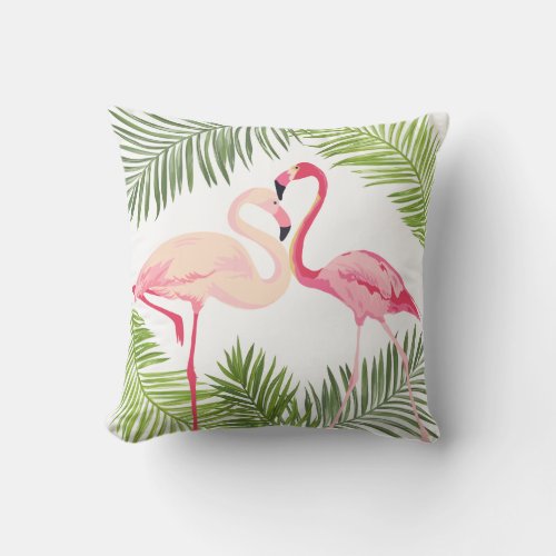 Pink Flamingos with Palm Leaves Throw Pillow