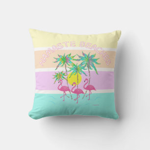 Pink Flamingos with Palms, Namaste Beaches, Fun Ca Throw Pillow