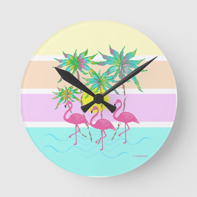Pink Flamingos with Palms Trees, Cool Round Clock (Front)