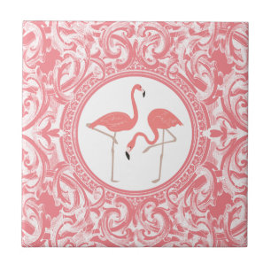 Pink Flamingos With Pink And White Floral Swirls Tile