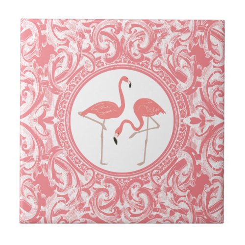 Pink Flamingos With Pink And White Floral Swirls Tile