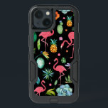 Pink Flamingos With Tropical Flowers & Leafs iPhone 13 Case<br><div class="desc">Cool modern watercolors illustration all things tropical. Pink flamingos,  humming birds flowers leafs cactus pineapple all in a seamless patter over changeable black background color.</div>