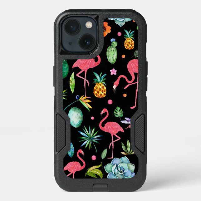 Pink Flamingos With Tropical Flowers & Leafs Otterbox iPhone Case (Back)