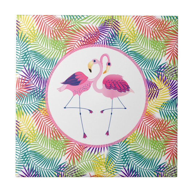 Pink Flamingos With Tropical Leafs Pattern Tile (Front)