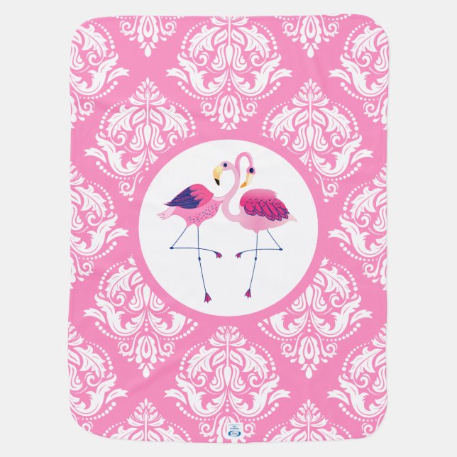 Pink Flamingos With White & Pink Damask Receiving Blanket (Back)