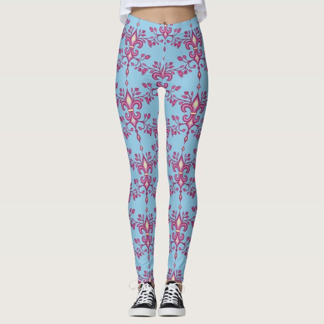 Pink Fleur de lis on sky blue women's Leggings (Front)
