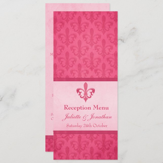 Pink Fleur De Lis wedding reception dinner menu Invitation (Front/Back)