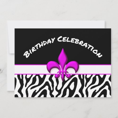 Pink Fleur de Lis Zebra Pattern Birthday Announcement