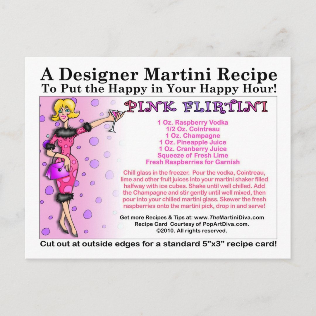 Pink Flirtini Martini Recipe Card Postcard Zazzle