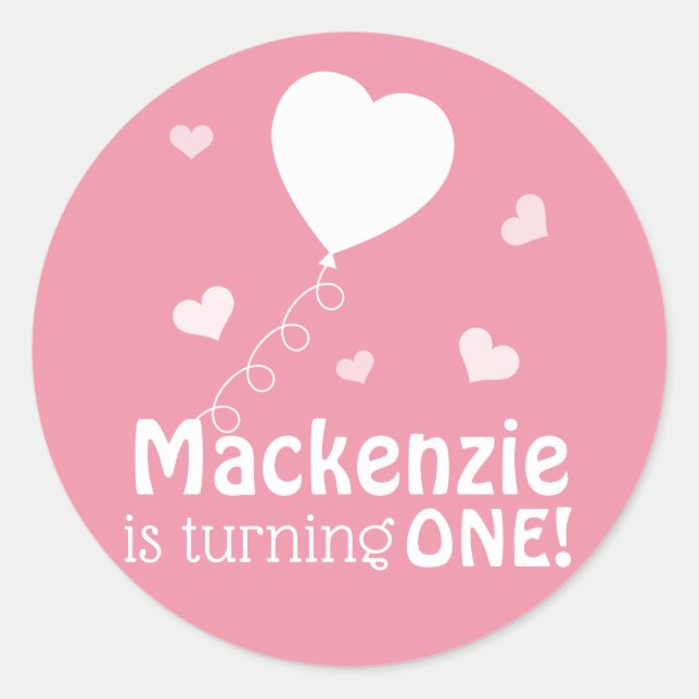 Pink Floating Hearts First Birthday Personalized Classic Round Sticker (Front)