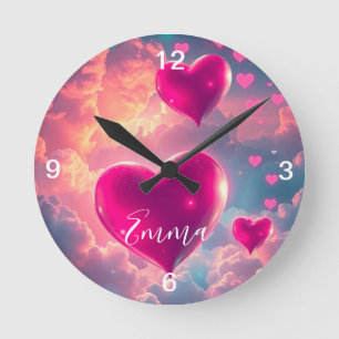Pink Floating Hearts in the Sky  Round Clock