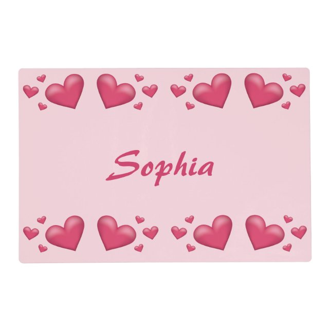 Pink Floating Hearts With Custom Name Placemat (Front)