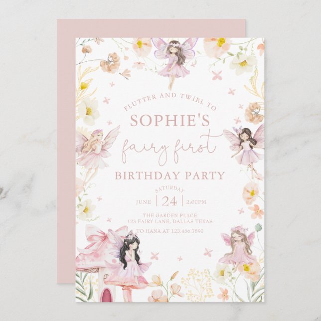Pink Flora Fairy First Birthday Invitation (Front/Back)