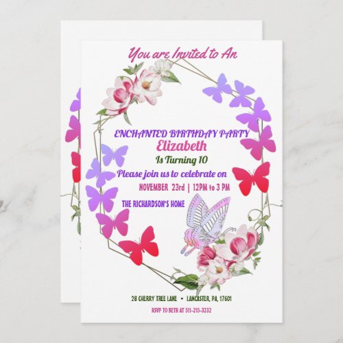 Pink Flora Purple Butterflies Kids Birthday Party Invitation