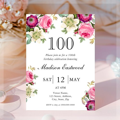 Pink Floral 100th Birthday Invitation