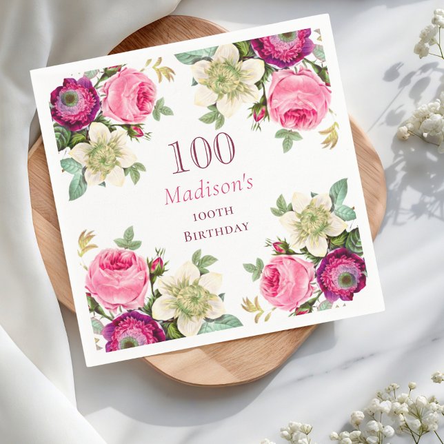 Pink Floral 100th Birthday  Napkins (Creator Uploaded)