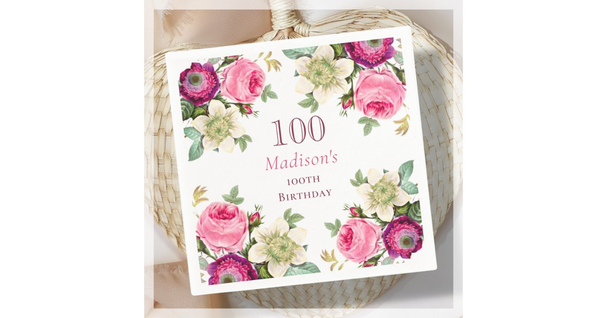 Pink Floral 100th Birthday Napkins | Zazzle