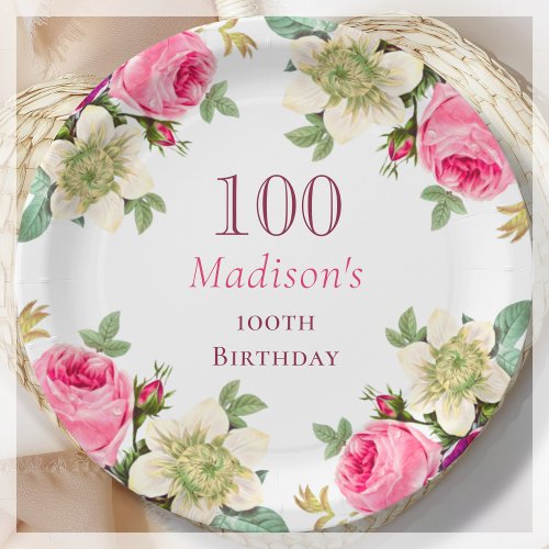 Pink Floral 100th Birthday  Paper Plates