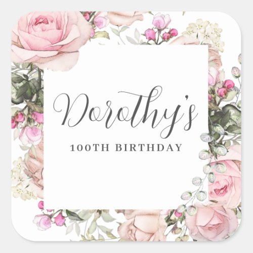 Pink Floral 100th Birthday Party Custom Favor Square Sticker