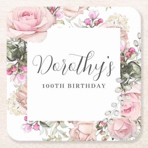 Pink Floral 100th Birthday Party Custom Square Paper Coaster