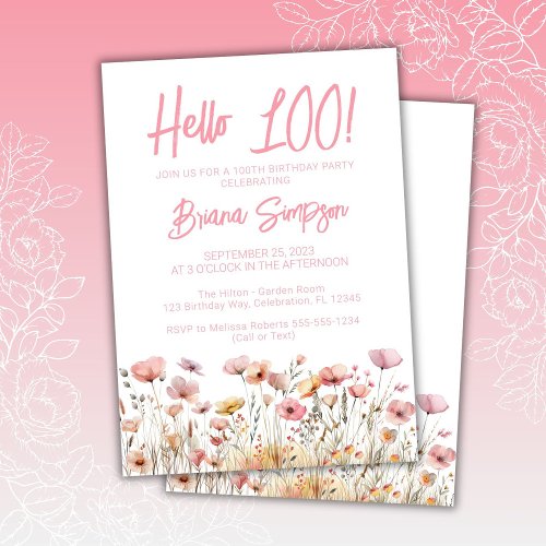 Pink Floral 100th Birthday Party Invitation