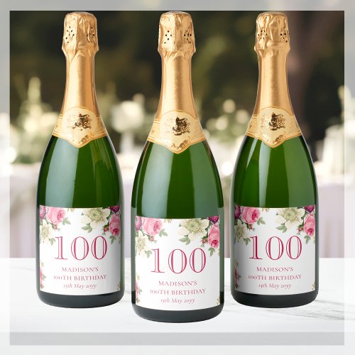 Pink Floral 100th Birthday Party Sparkling Wine Label