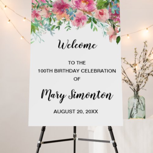 Pink Floral 100th Birthday Party Welcome Foam Board