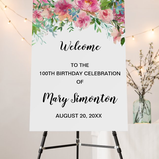 Pink Floral 100th Birthday Party Welcome Foam Board (In Situ (Stand))