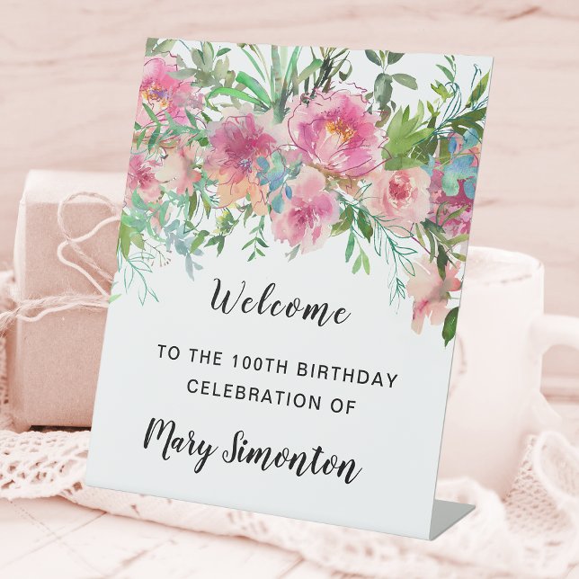 Pink Floral 100th Birthday Party Welcome Pedestal Sign (Creator Uploaded)