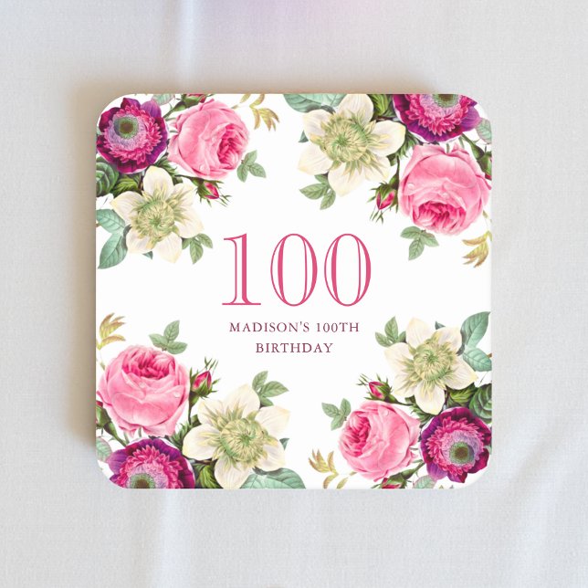 Pink Floral 100th Birthday  Square Paper Coaster (Creator Uploaded)