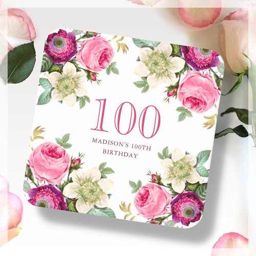 Pink Floral 100th Birthday  Square Paper Coaster