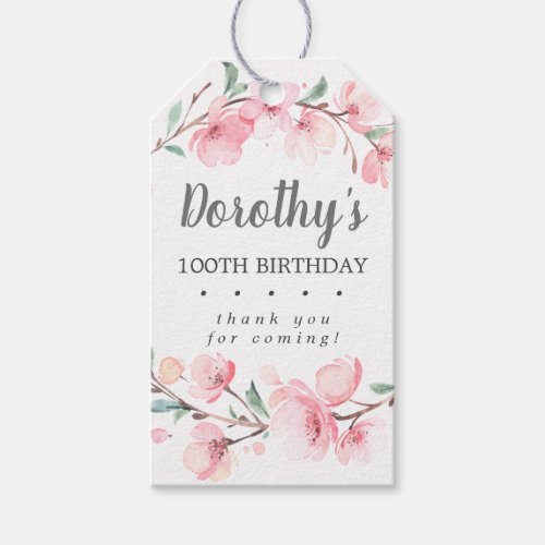 Pink Floral 100th Birthday Thank You Favor Tags