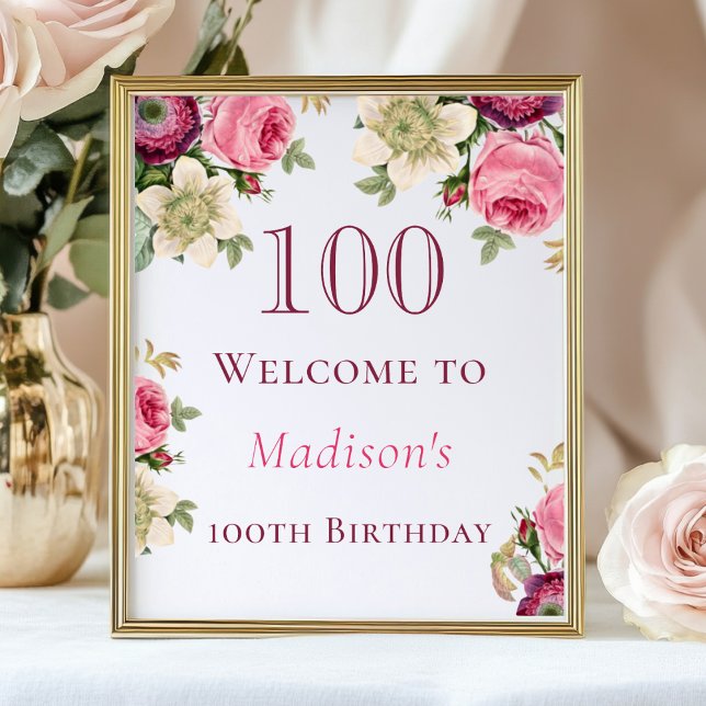 Pink Floral 100th Birthday Welcome Sign (Creator Uploaded)