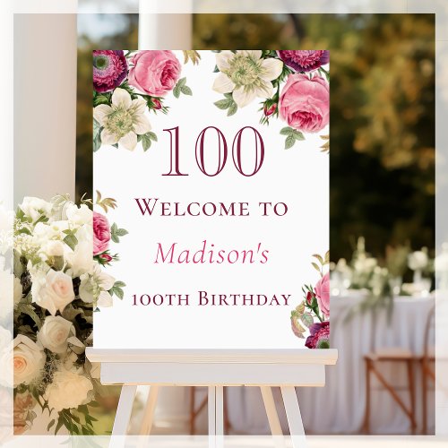 Pink Floral 100th Birthday Welcome Sign