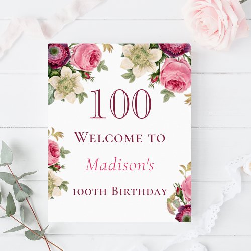 Pink Floral 100th Birthday Welcome Sign